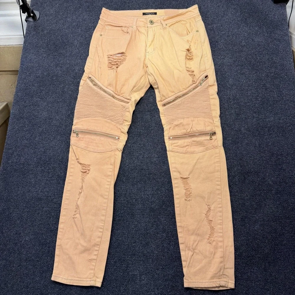 Redfox Jeans Skinny Jeans Womens 9 Beige Distressed Moto Zipper Stretch